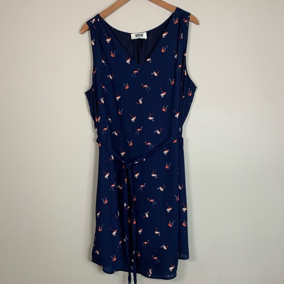 Verse Flamingo‎ Pattern Navy Dress Belted Women’s Size M / L - Picture 15 of 16